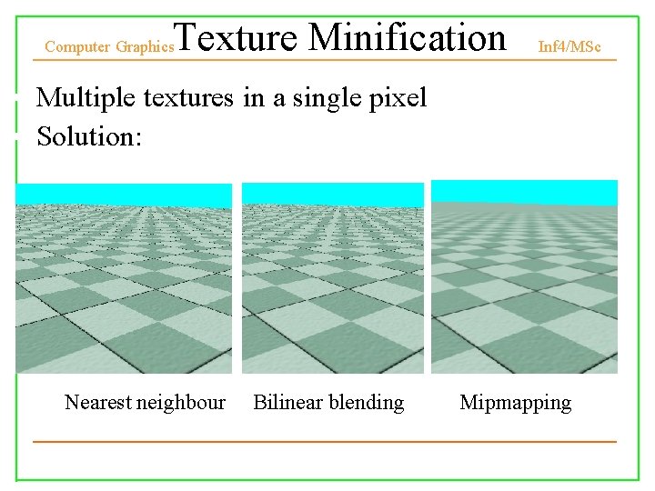 Texture Minification Computer Graphics Inf 4/MSc • Multiple textures in a single pixel •