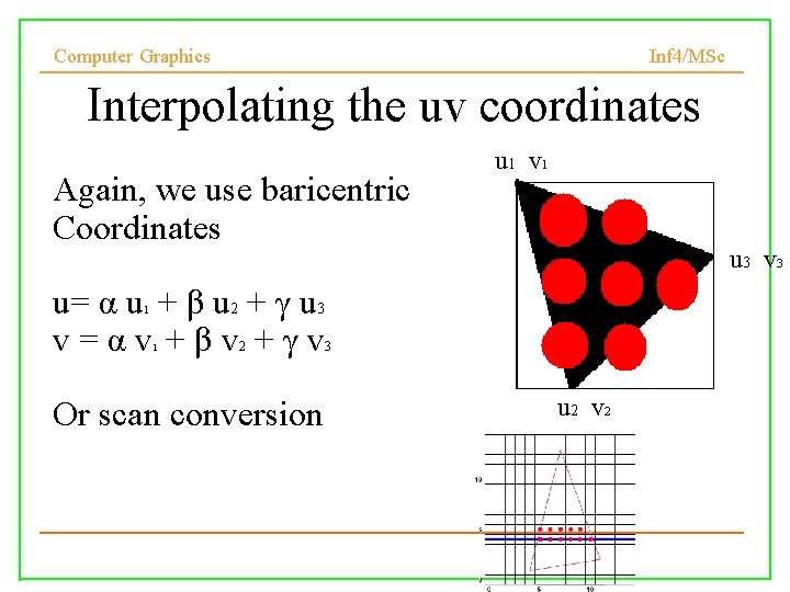 Computer Graphics Inf 4/MSc Interpolating the uv coordinates Again, we use baricentric Coordinates u