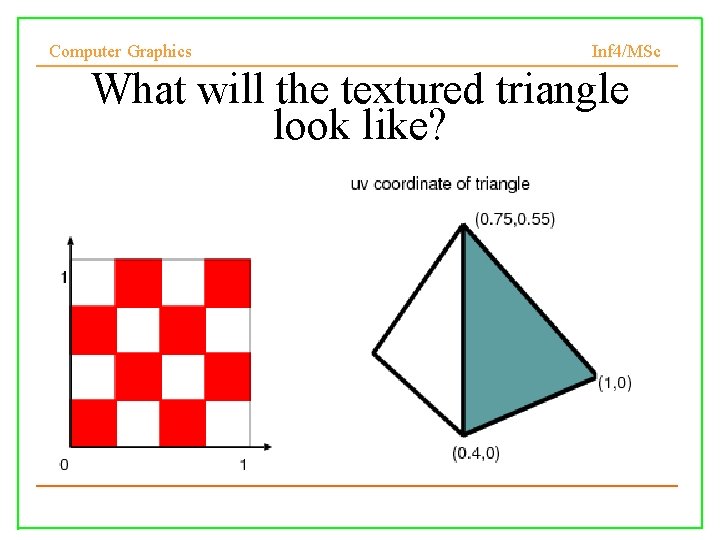 Computer Graphics Inf 4/MSc What will the textured triangle look like? 