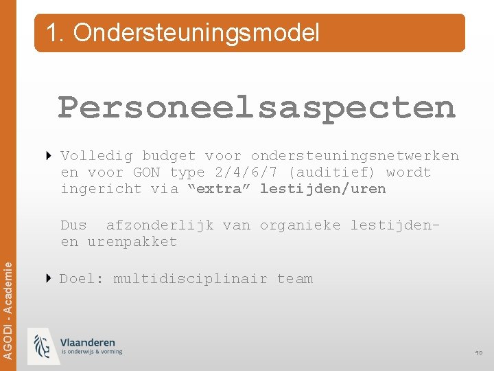 1. Ondersteuningsmodel Personeelsaspecten Volledig budget voor ondersteuningsnetwerken en voor GON type 2/4/6/7 (auditief) wordt