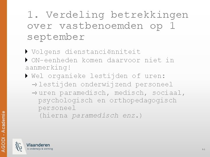 AGODI - Academie 1. Verdeling betrekkingen over vastbenoemden op 1 september Volgens dienstanciënniteit ON-eenheden