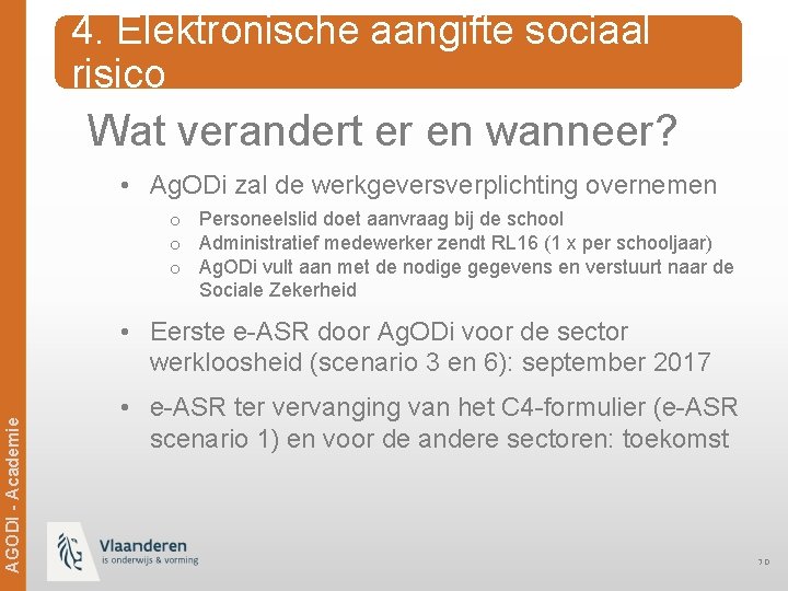 4. Elektronische aangifte sociaal risico Wat verandert er en wanneer? • Ag. ODi zal