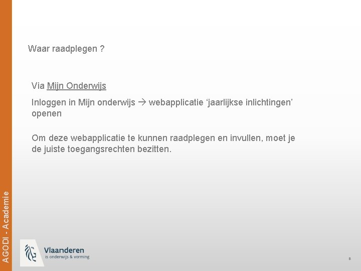 Waar raadplegen ? Via Mijn Onderwijs Inloggen in Mijn onderwijs webapplicatie ‘jaarlijkse inlichtingen’ openen