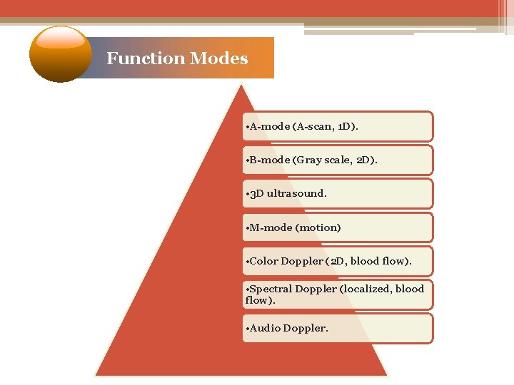 Function Modes • A-mode (A-scan, 1 D). • B-mode (Gray scale, 2 D). •