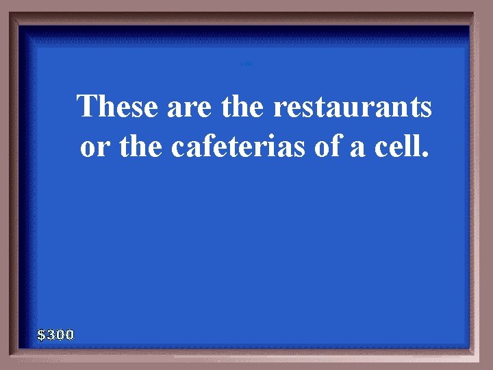 3 -300 These are the restaurants or the cafeterias of a cell. 3 -300 These are the restaurants or the cafeterias of a cell.