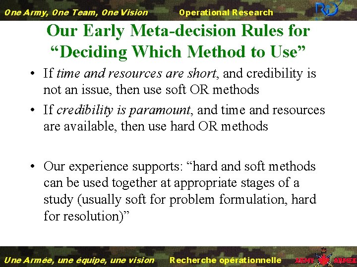 One Army, One Team, One Vision Operational Research Our Early Meta-decision Rules for “Deciding