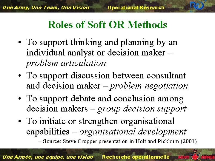 One Army, One Team, One Vision Operational Research Roles of Soft OR Methods •