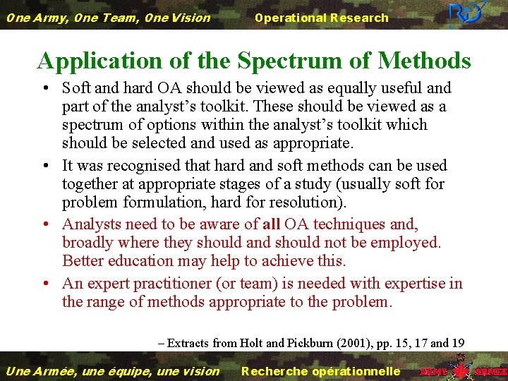 One Army, One Team, One Vision Operational Research Application of the Spectrum of Methods