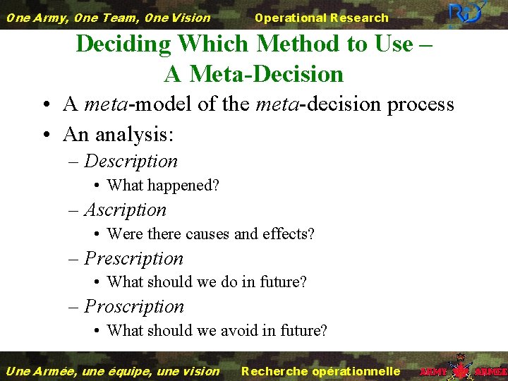 One Army, One Team, One Vision Operational Research Deciding Which Method to Use –