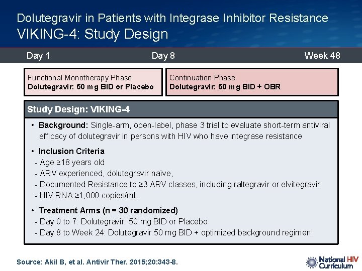Dolutegravir in Patients with Integrase Inhibitor Resistance VIKING-4: Study Design Day 1 Day 8