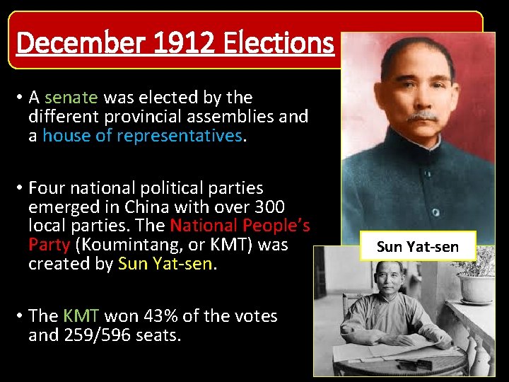 December 1912 Elections • A senate was elected by the different provincial assemblies and December 1912 Elections • A senate was elected by the different provincial assemblies and