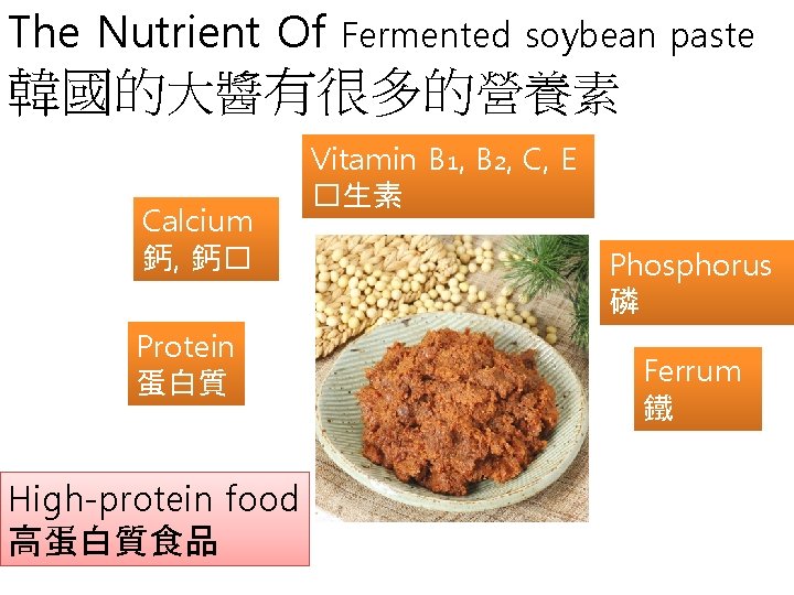 The Nutrient Of Fermented soybean paste 韓國的大醬有很多的營養素 Calcium 鈣, 鈣� Protein 蛋白質 High-protein food