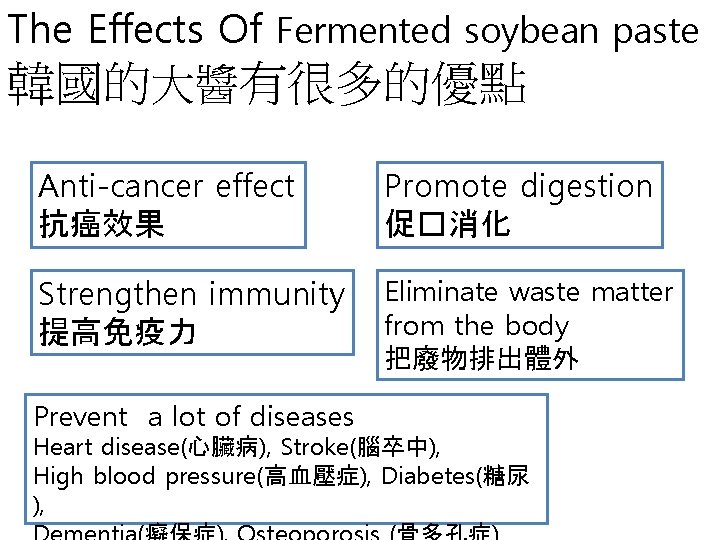 The Effects Of Fermented soybean paste 韓國的大醬有很多的優點 Anti-cancer effect 抗癌效果 Promote digestion 促�消化 Strengthen