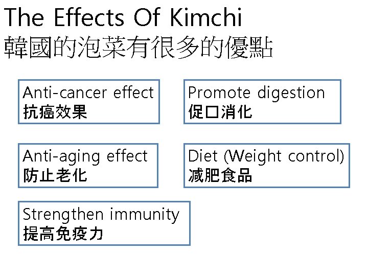 The Effects Of Kimchi 韓國的泡菜有很多的優點 Anti-cancer effect 抗癌效果 Promote digestion 促�消化 Anti-aging effect 防止老化