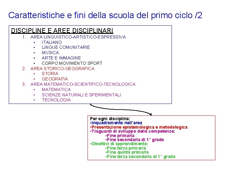 Caratteristiche e fini della scuola del primo ciclo /2 DISCIPLINE E AREE DISCIPLINARI 1.