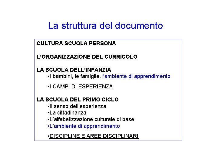 La struttura del documento CULTURA SCUOLA PERSONA L’ORGANIZZAZIONE DEL CURRICOLO LA SCUOLA DELL’INFANZIA •