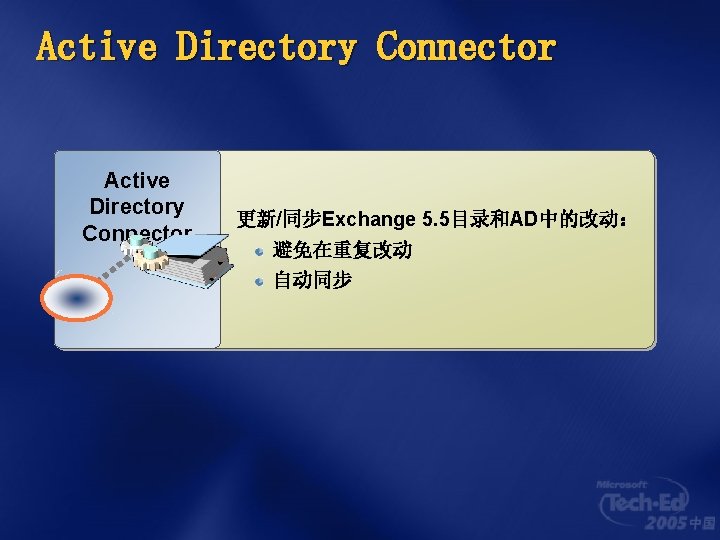 Active Directory Connector 更新/同步Exchange 5. 5目录和AD中的改动： 避免在重复改动 自动同步 