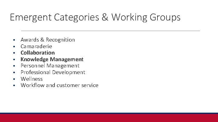 Emergent Categories & Working Groups • • Awards & Recognition Camaraderie Collaboration Knowledge Management
