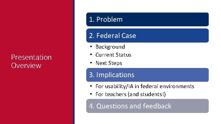 1. Problem 2. Federal Case Presentation Overview • Background • Current Status • Next