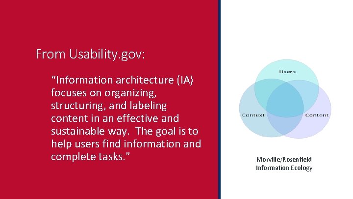 From Usability. gov: “Information architecture (IA) focuses on organizing, structuring, and labeling content in
