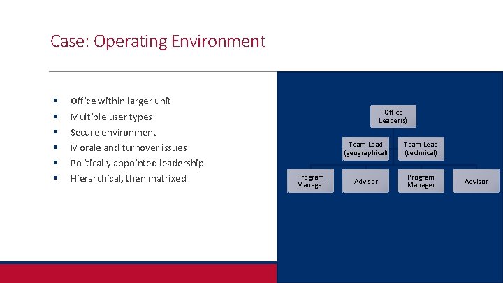 Case: Operating Environment • • • Office within larger unit Multiple user types Secure
