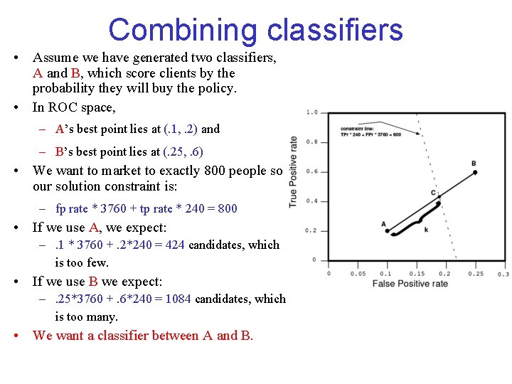 Combining classifiers • Assume we have generated two classifiers, A and B, which score