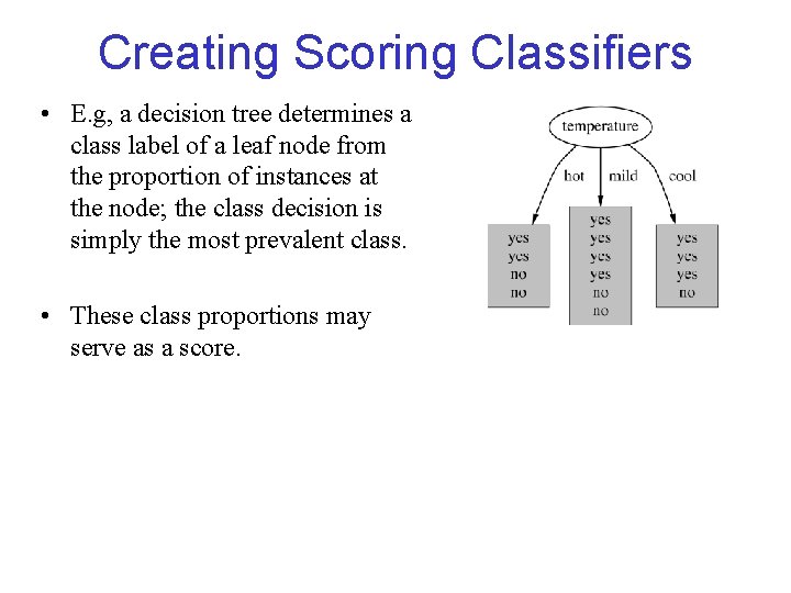 Creating Scoring Classifiers • E. g, a decision tree determines a class label of