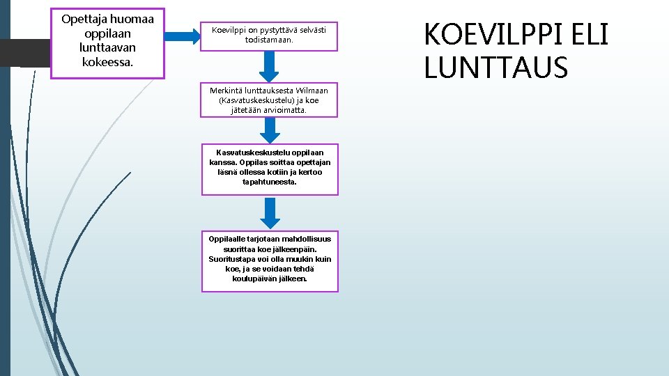 Opettaja huomaa oppilaan lunttaavan kokeessa. Koevilppi on pystyttävä selvästi todistamaan. Merkintä lunttauksesta Wilmaan (Kasvatuskeskustelu)