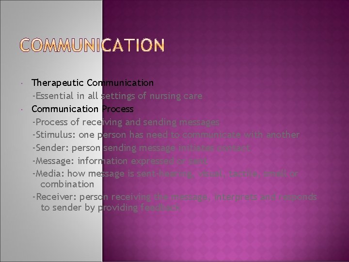  Therapeutic Communication -Essential in all settings of nursing care Communication Process -Process of