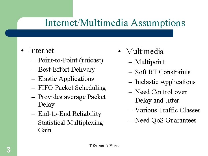Internet/Multimedia Assumptions • Internet • Multimedia – – – Point-to-Point (unicast) Best-Effort Delivery Elastic