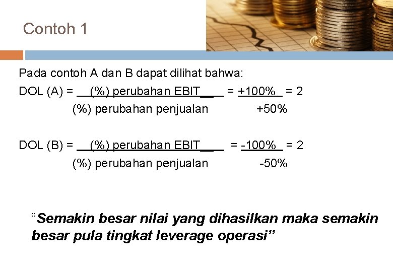 Contoh 1 Pada contoh A dan B dapat dilihat bahwa: DOL (A) = (%)