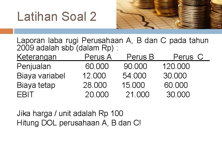 Latihan Soal 2 Laporan laba rugi Perusahaan A, B dan 2009 adalah sbb (dalam