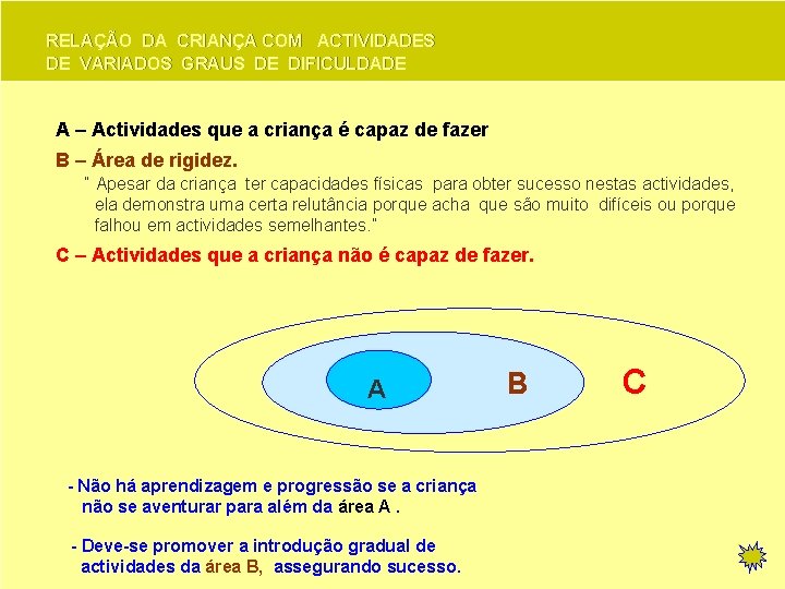 RELAÇÃO DA CRIANÇA COM ACTIVIDADES DE VARIADOS GRAUS DE DIFICULDADE A – Actividades que