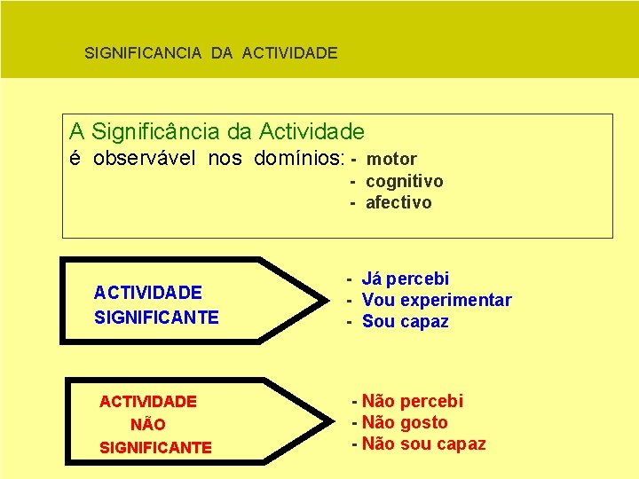 SIGNIFICANCIA DA ACTIVIDADE A Significância da Actividade é observável nos domínios: - motor -