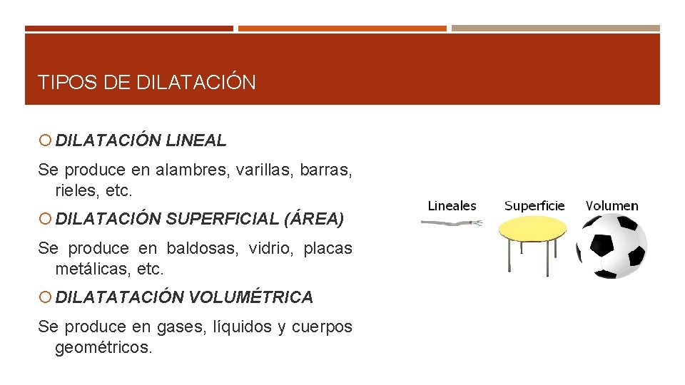TIPOS DE DILATACIÓN LINEAL Se produce en alambres, varillas, barras, rieles, etc. DILATACIÓN SUPERFICIAL
