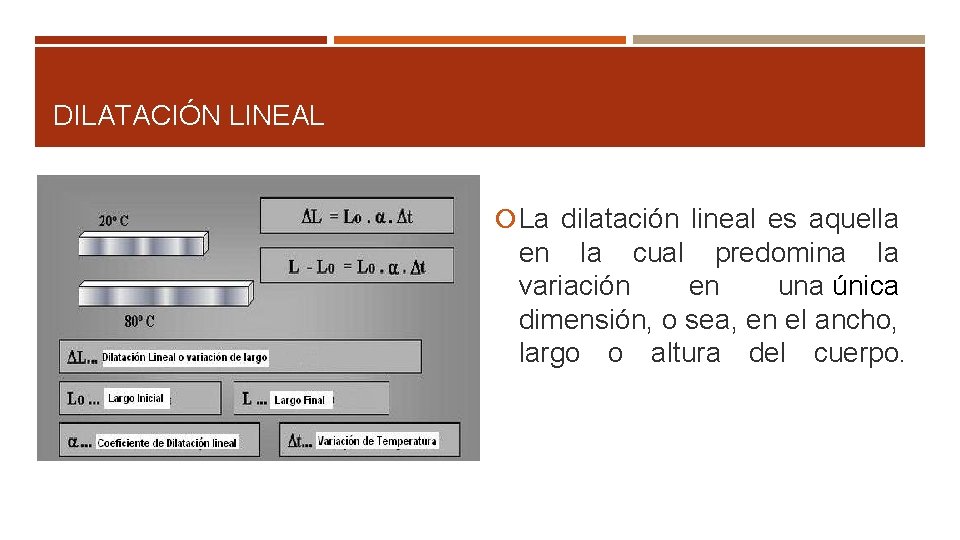 DILATACIÓN LINEAL La dilatación lineal es aquella en la cual predomina la variación en