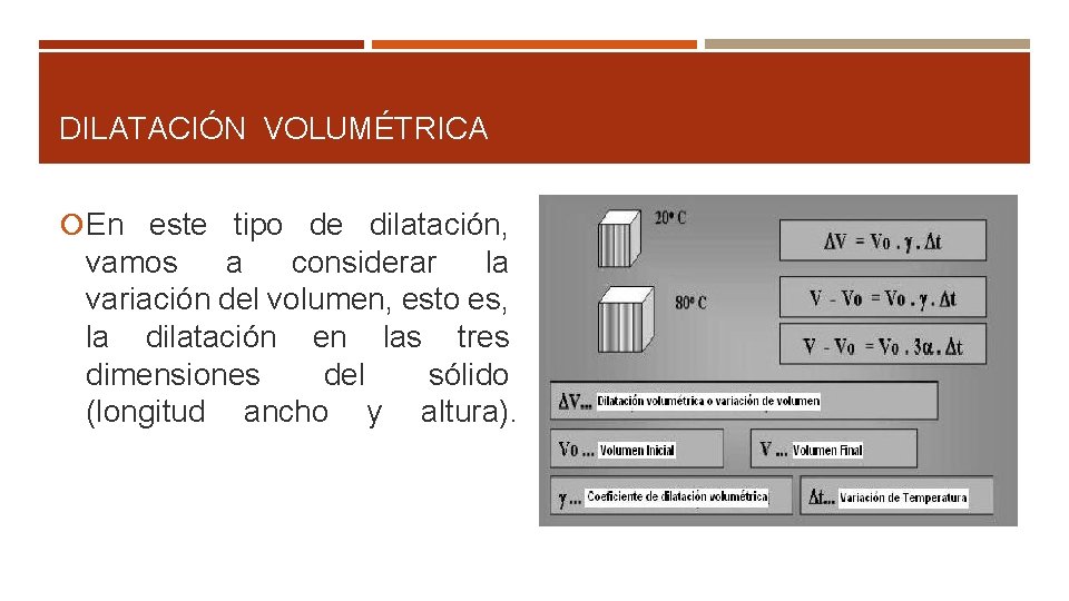 DILATACIÓN VOLUMÉTRICA En este tipo de dilatación, vamos a considerar la variación del volumen,