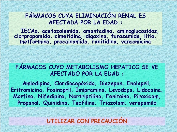 FÁRMACOS CUYA ELIMINACIÓN RENAL ES AFECTADA POR LA EDAD : IECAs, acetazolamida, amantadina, aminoglucosidos,