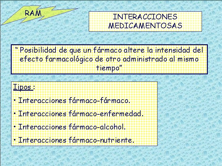 RAM INTERACCIONES MEDICAMENTOSAS “ Posibilidad de que un fármaco altere la intensidad del efecto
