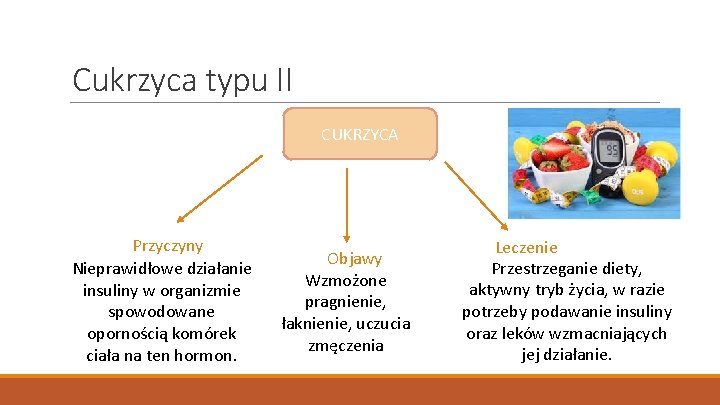 Cukrzyca typu II CUKRZYCA Przyczyny Nieprawidłowe działanie insuliny w organizmie spowodowane opornością komórek ciała