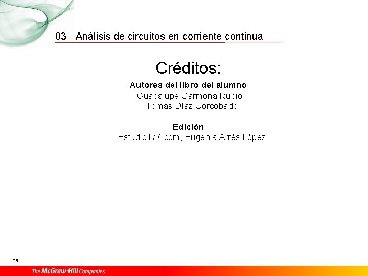 03 Análisis de circuitos en corriente continua Créditos: Autores del libro del alumno Guadalupe