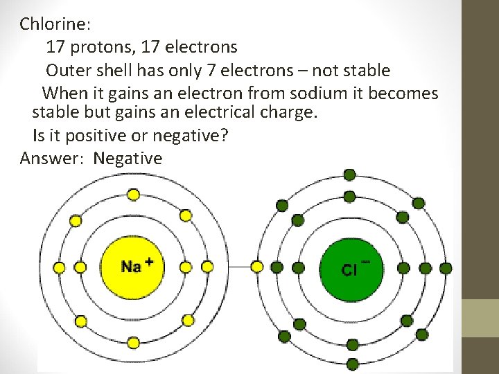 Chlorine: 17 protons, 17 electrons Outer shell has only 7 electrons – not stable