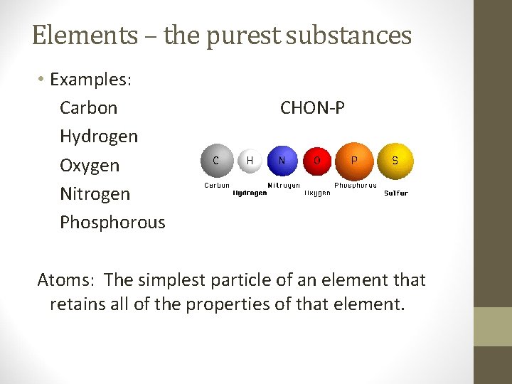 Elements – the purest substances • Examples: Carbon Hydrogen Oxygen Nitrogen Phosphorous CHON-P Atoms:
