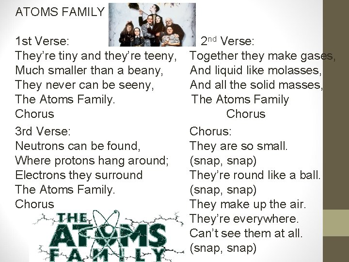 ATOMS FAMILY 1 st Verse: They’re tiny and they’re teeny, Much smaller than a