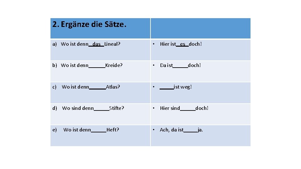 2. Ergänze die Sätze. a) Wo ist denn das Lineal? • Hier ist es