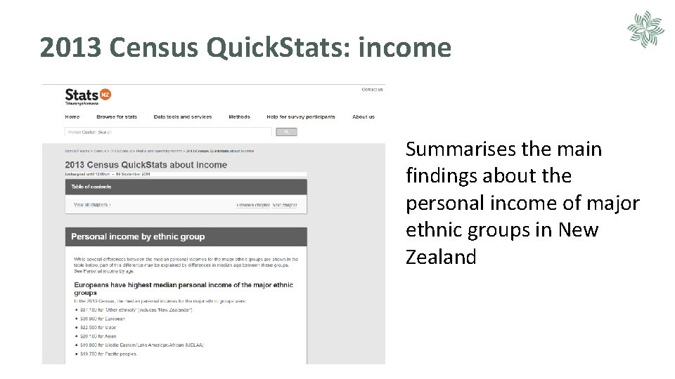 2013 Census Quick. Stats: income Summarises the main findings about the personal income of