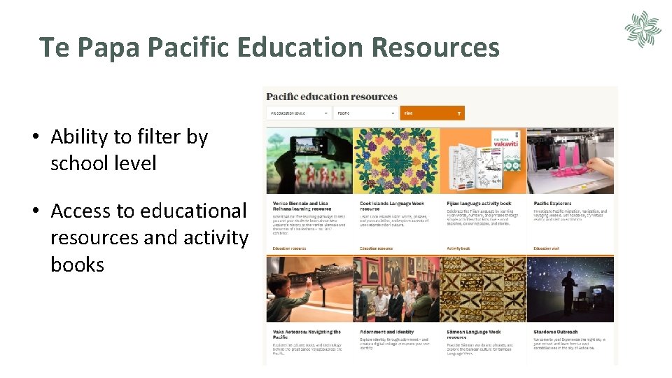 Te Papa Pacific Education Resources • Ability to filter by school level • Access