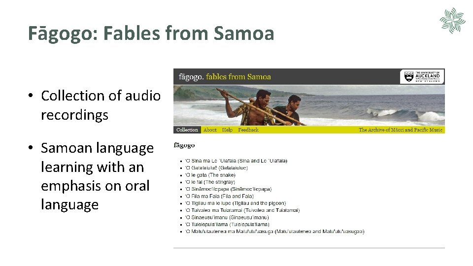 Fāgogo: Fables from Samoa • Collection of audio recordings • Samoan language learning with