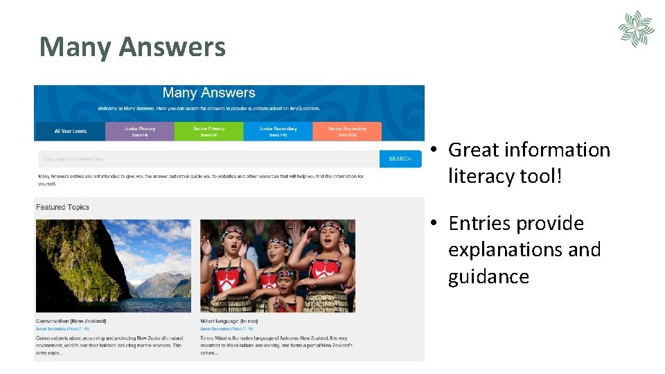 Many Answers • Great information literacy tool! • Entries provide explanations and guidance 