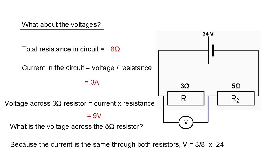 What about the voltages? 24 V Total resistance in circuit = 8Ω Current in